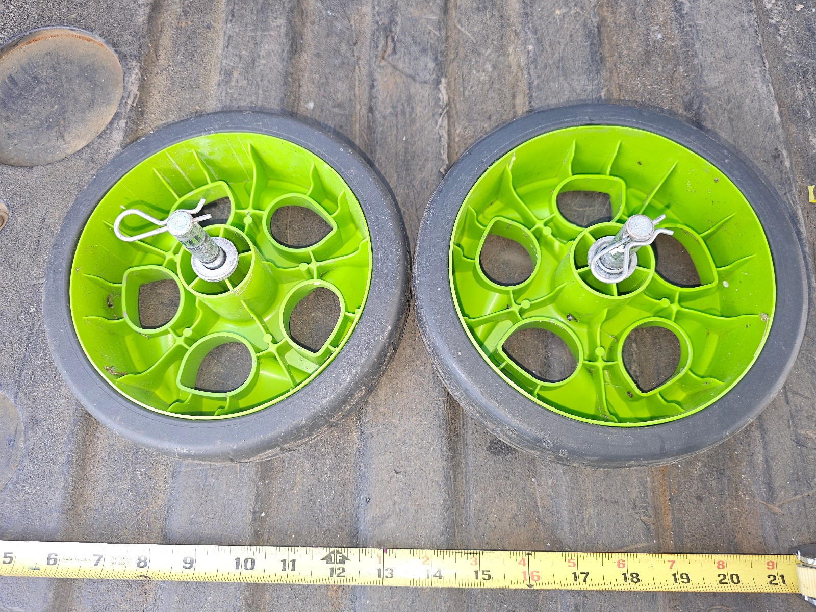 25MM71 PAIR OF WHEELS FROM PRESSURE WASHER, 7-7/8″ X 2″ X 12MM +/- BORE, WITH AX