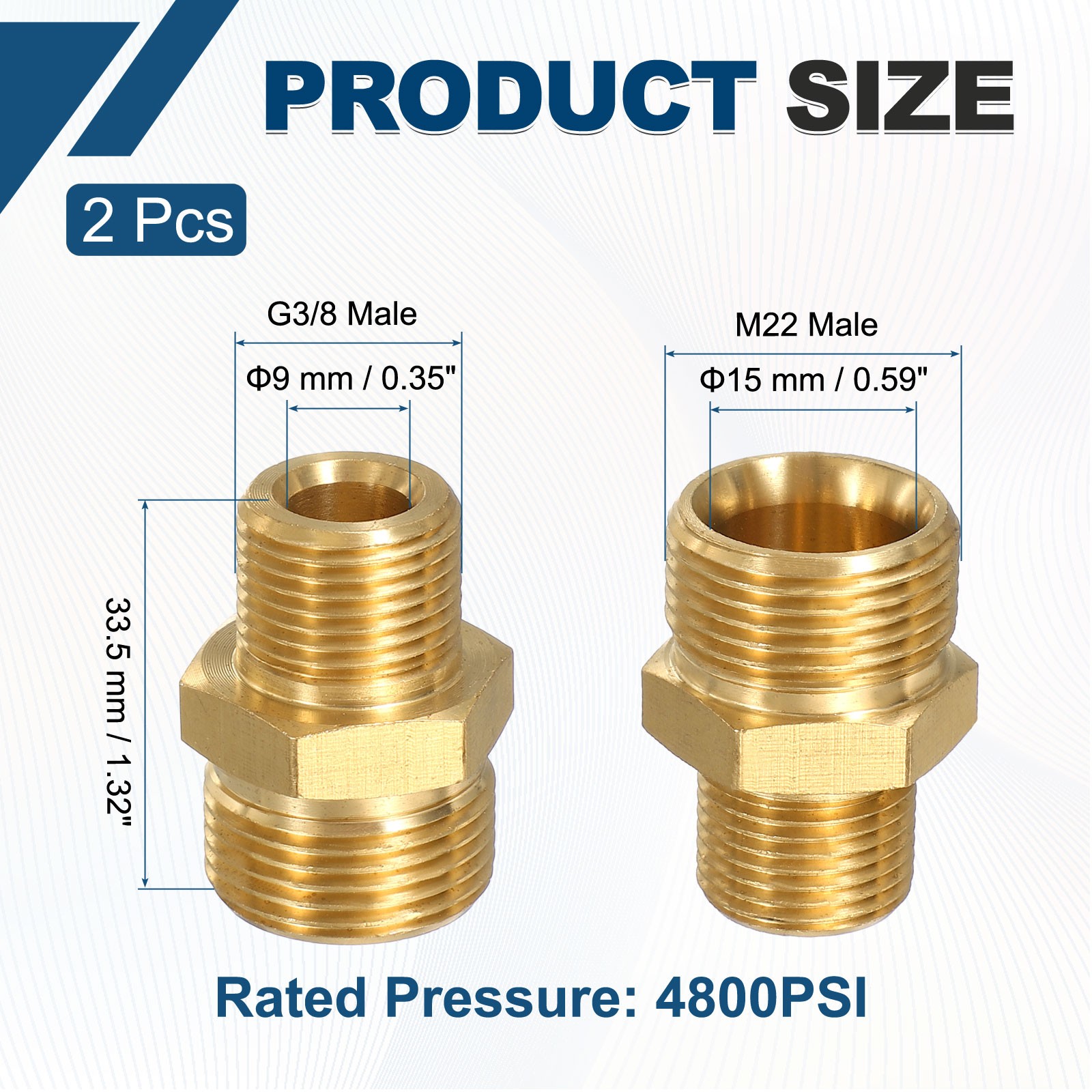 2pcs Pressure Washer Connector G3/8 Male to M22 Male 4800PSI Brass