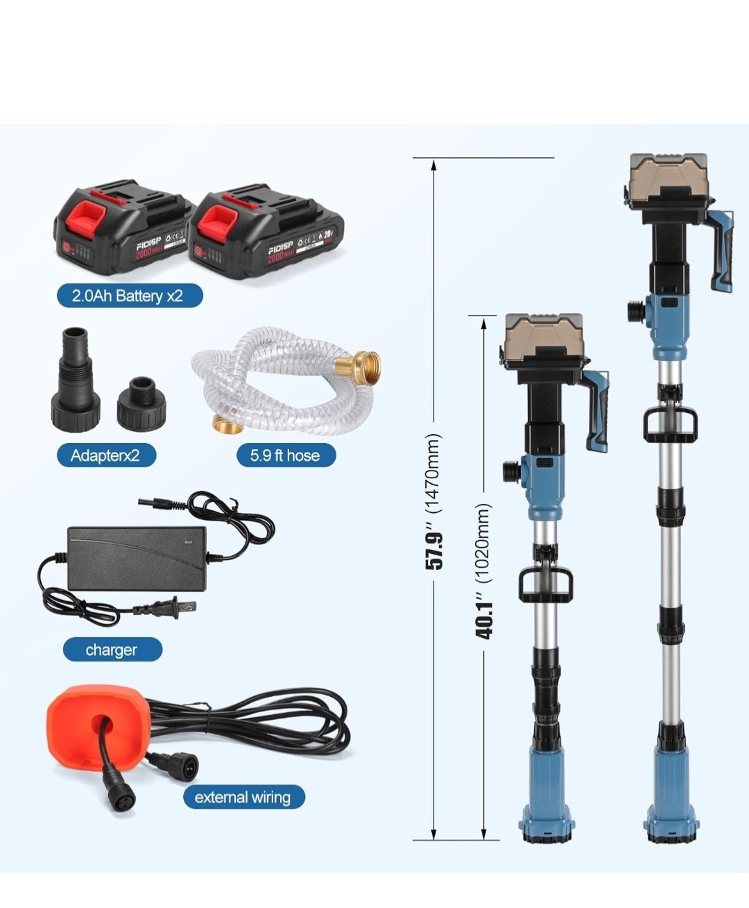 Cordless 20V Cold Water Pressure Washer Kit Battery Charger Hose Adapter