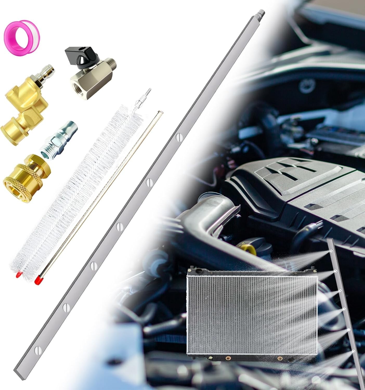 40″ Pressure Washer Wand Radiator Cleaning Flush Tool 6 Nozzles Brush Stainless