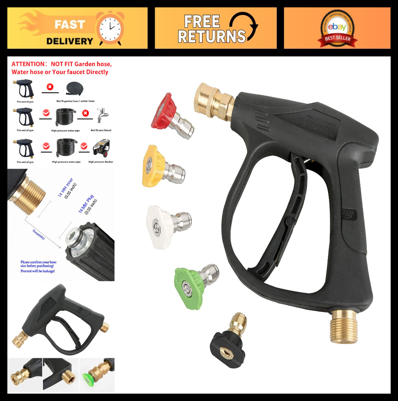 High Pressure Washer Gun 3000 PSI, 5 Color Quick Connect Nozzles, M22-14 Connect