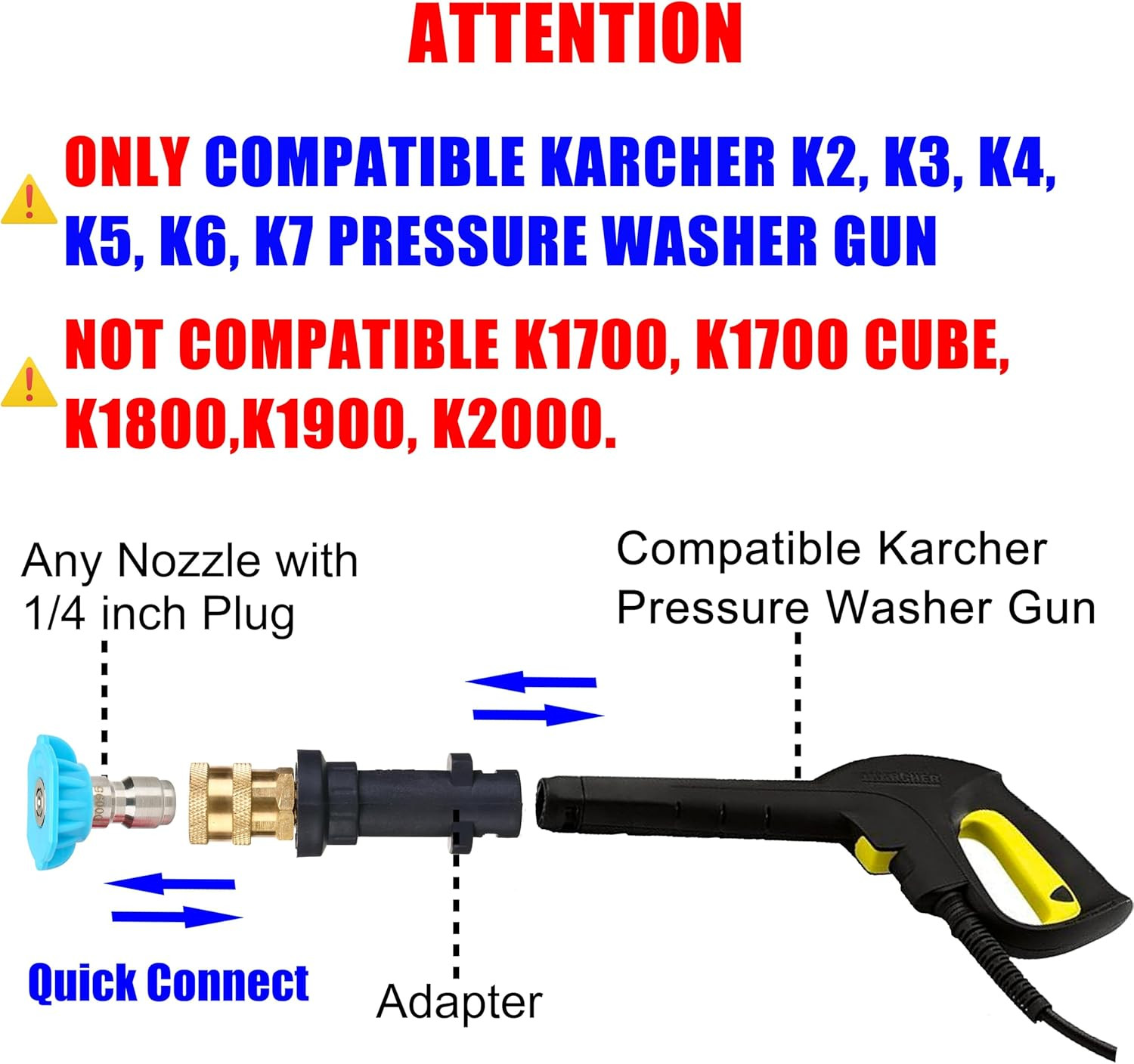Pressure Washer Gun Adapter, to 1/4”, Only Compatible Karcher K2, 3, 4, 5, 6, 7
