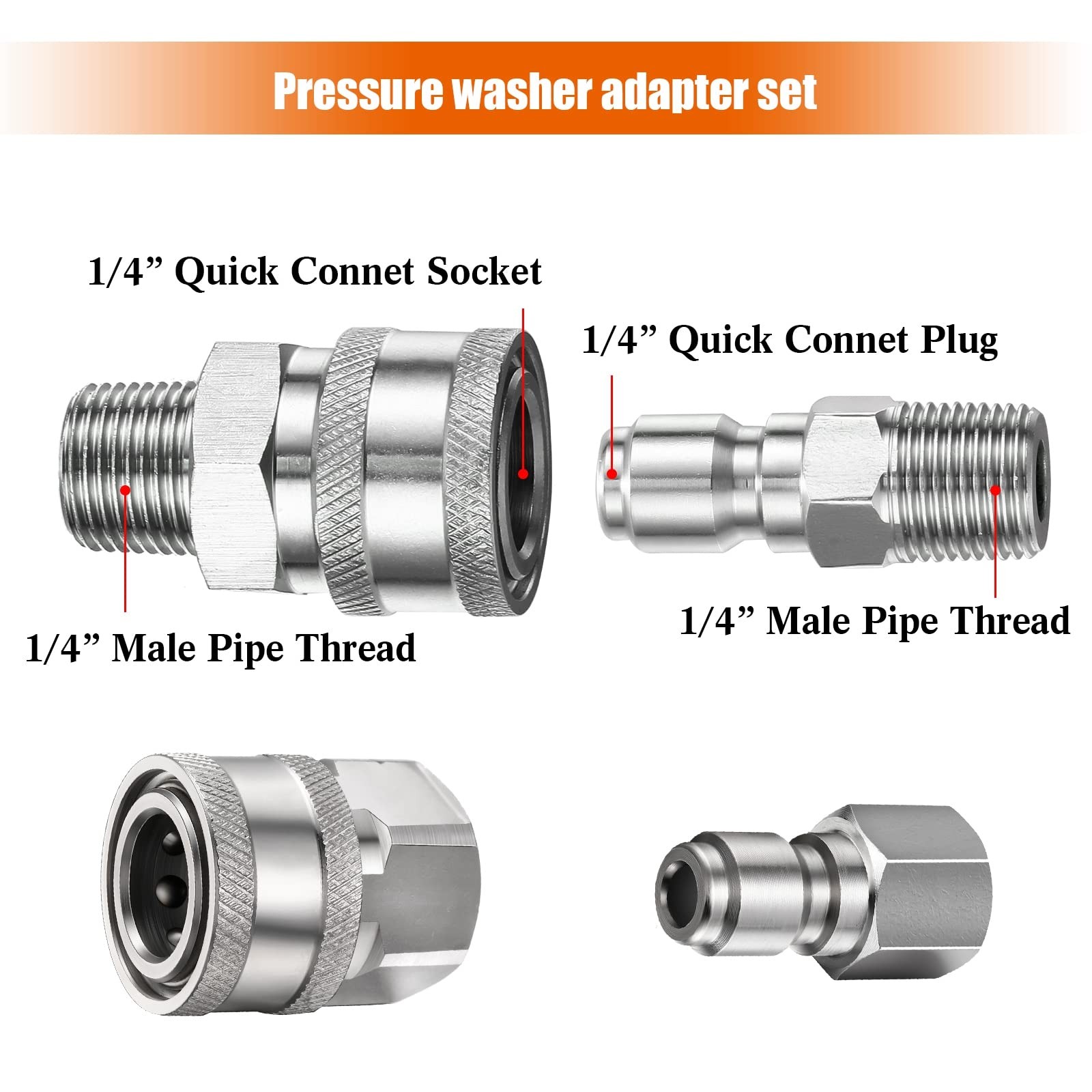 2 Sets NPT 1/4 Inch Pressure Washer Coupler Quick Connect Plug Male Female