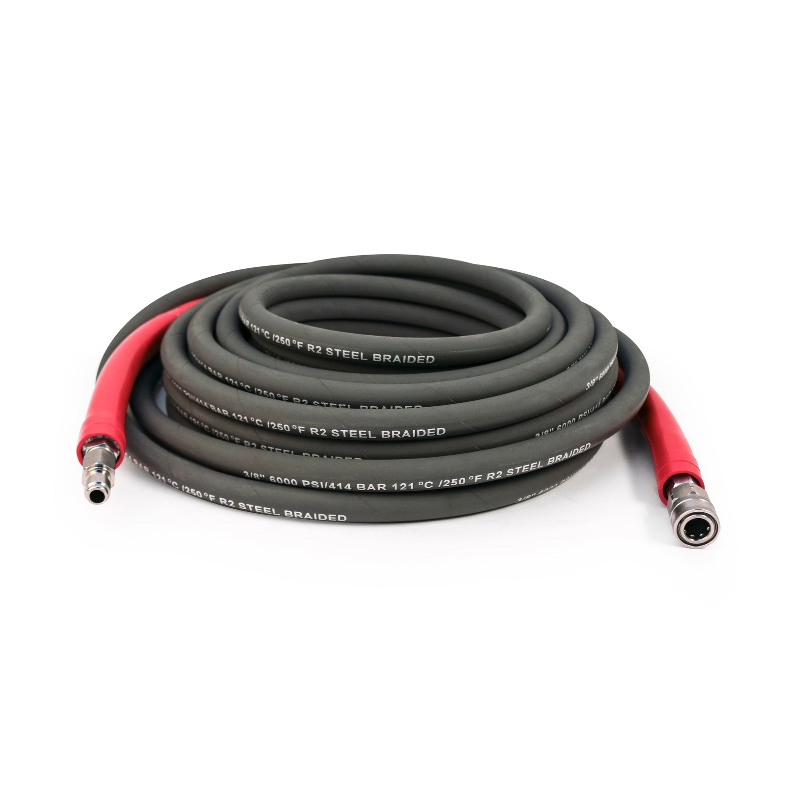 3/8″ Gray Hose, 100 Ft, 6000 PSI, SS QCs, R2, with Couplers and Plugs