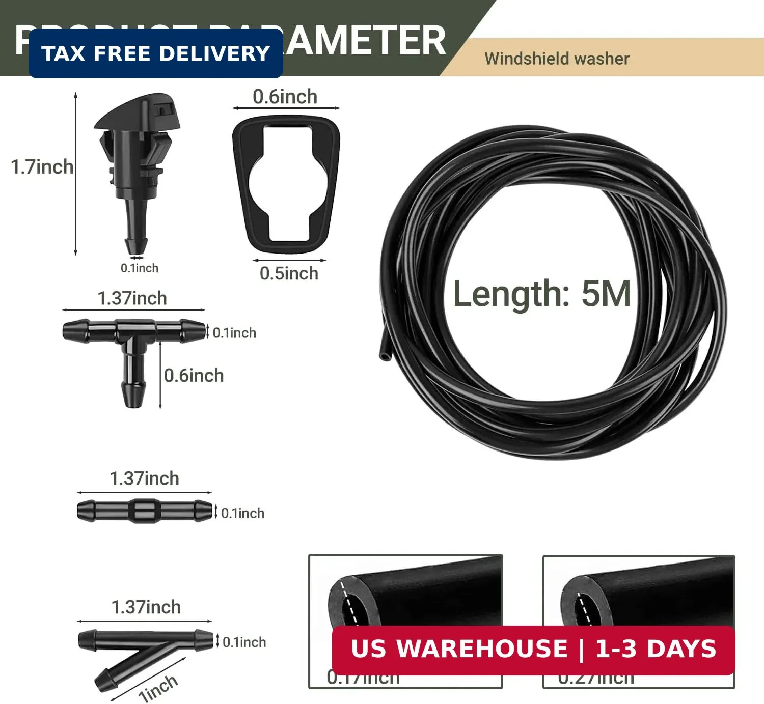 Windshield Washer Hose Kit, 5M Washer Fluid Hose with 12 Pcs Connectors, 2 Fan N
