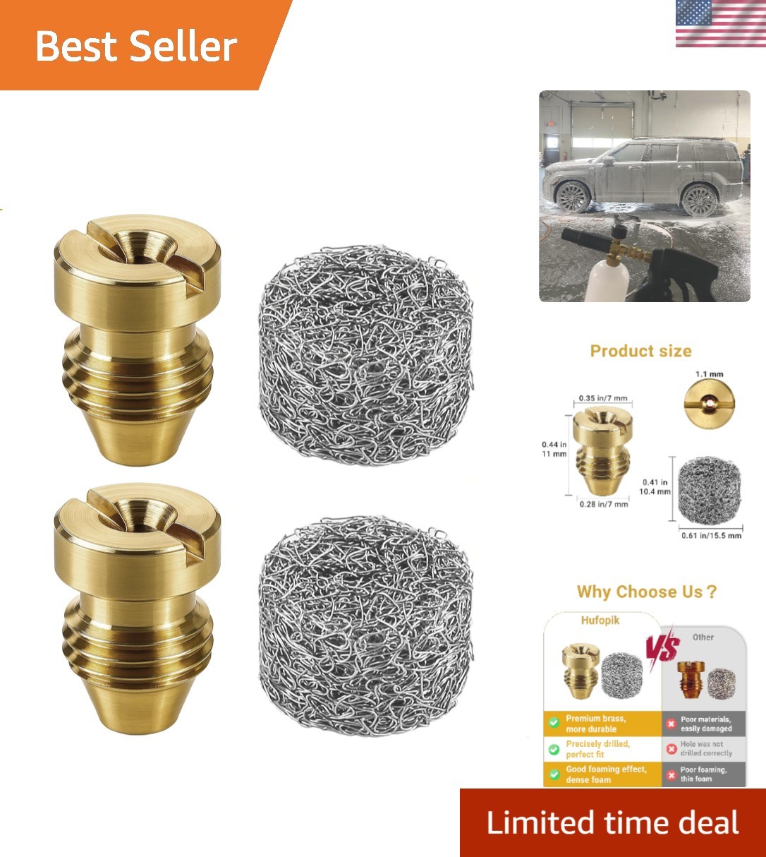 2-Piece Brass Foam Cannon Orifice Nozzle Set, 1.1 mm for Optimal Foam Generation