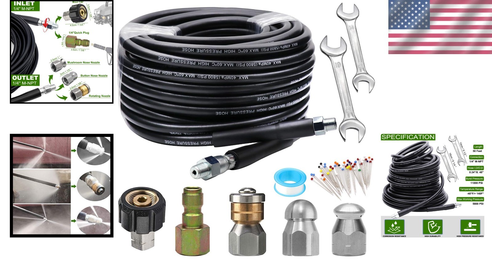Sewer Jetter Kit for Pressure Washer – 50FT Hose, 5800PSI