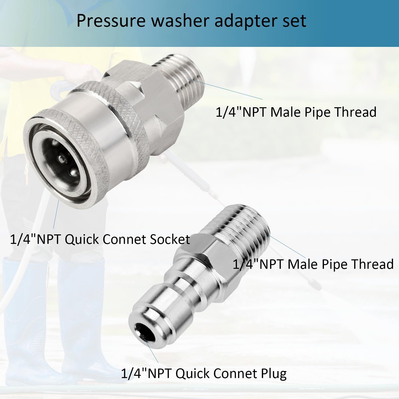 2 Sets NPT 1/4 Inch Pressure Washer Coupler Quick Connect Plug Stainless Stee…