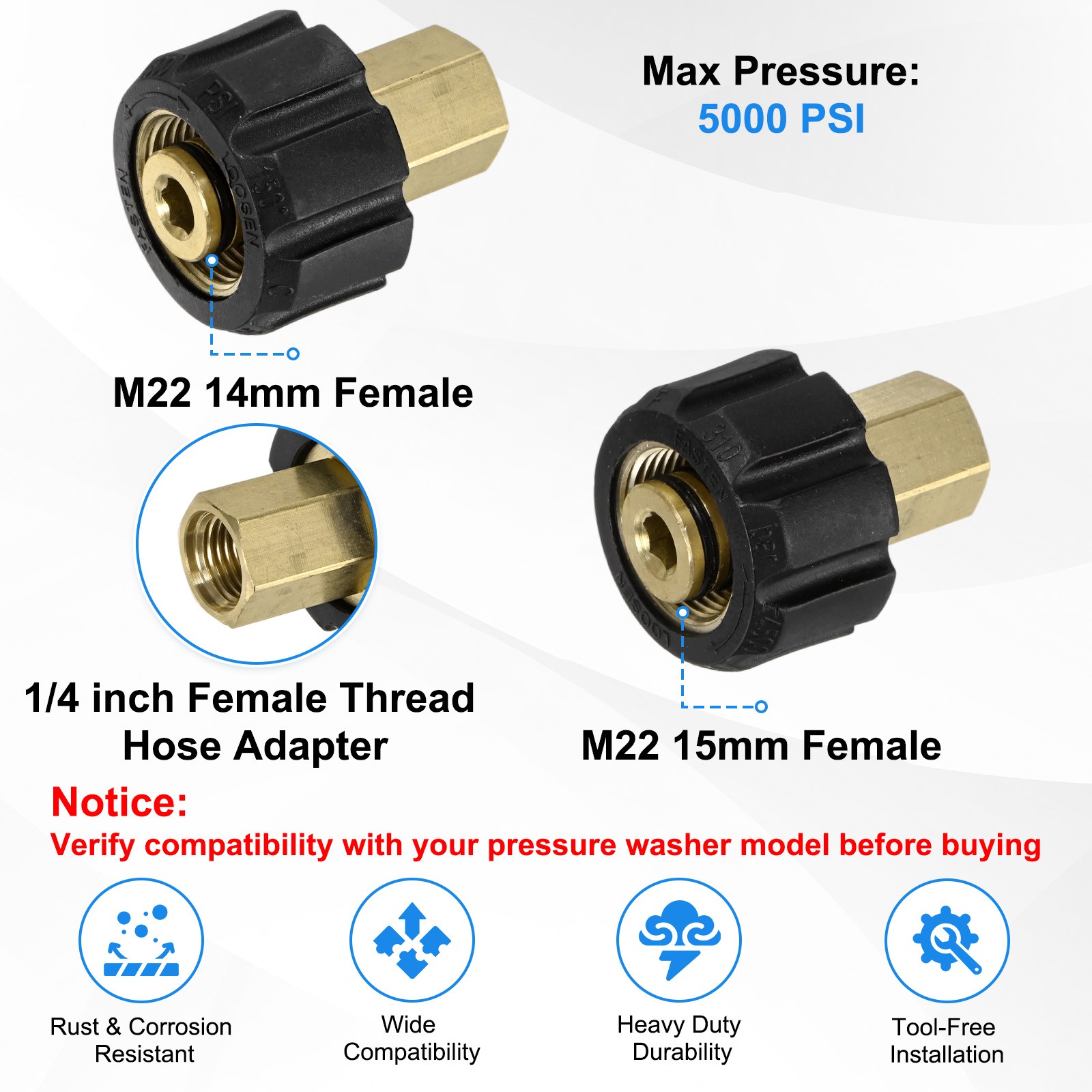 2-Pack M22 14mm & 15mm Female to 1/4 Inch Female Thread Pressure Washer Fittings