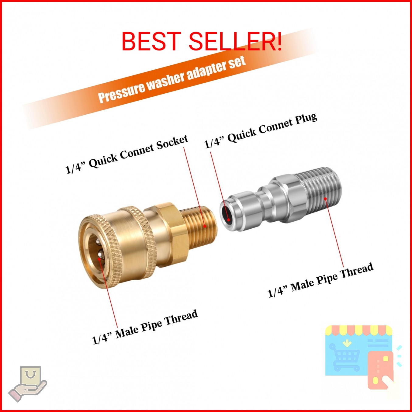 Shimeyao 4 Sets NPT 1/4 Inch Pressure Washer Coupler Quick Connect Plug Male Fem