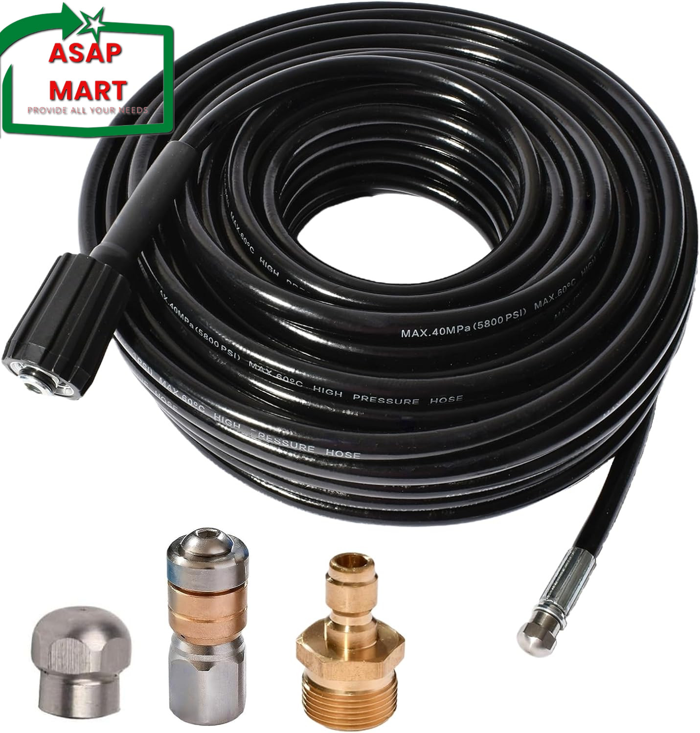 50FT 5800 PSI Pressure Washer Hose Jetter Nozzles Kit 1/8”NPT Sewer Drain Rotati
