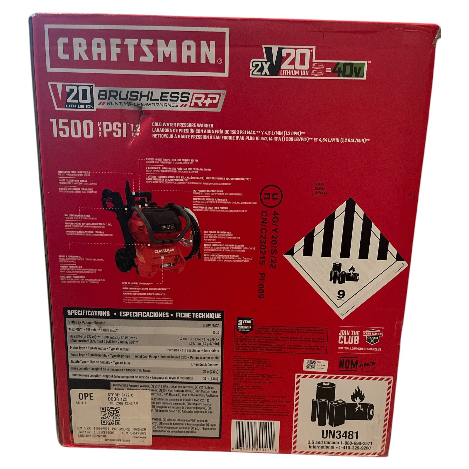 Craftsman V20 1500 PSI Cold Water Pressure Washer – Red (CMCPW1500N2)