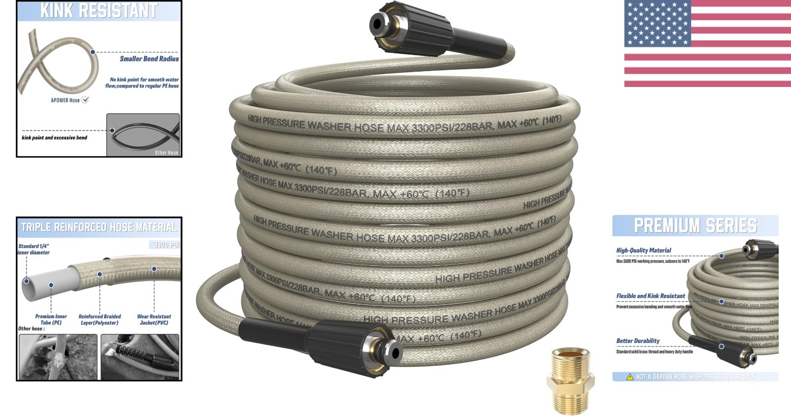 PVC Pressure Washer Hose 50 FT x 1/4″, Kink Resistant Power Washer Hose, High…