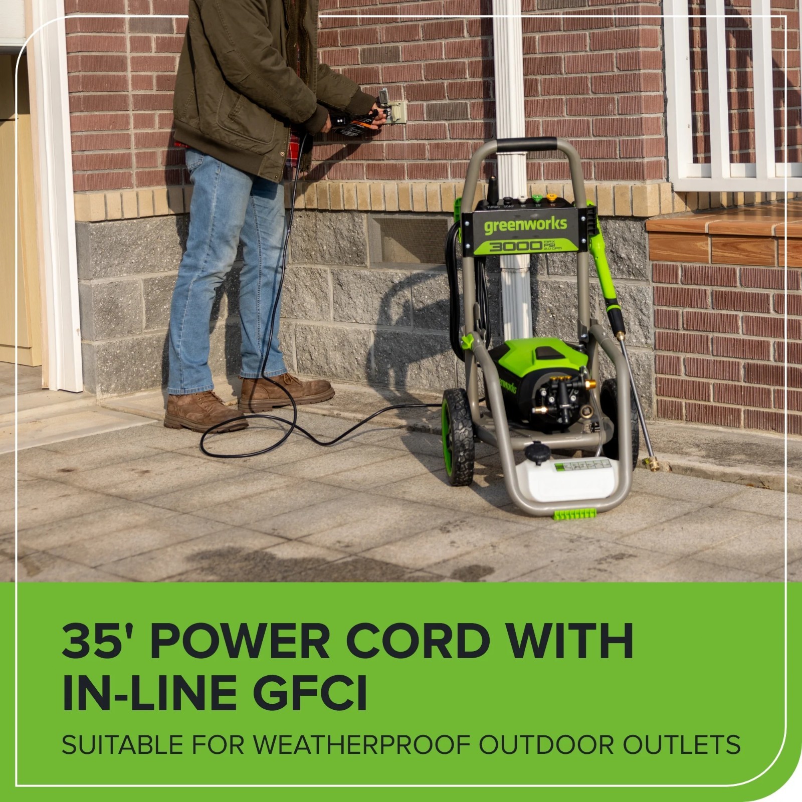 Greenworks 3000 PSI Electric Pressure Washer 25Ft Hose 35Ft Cord w/5 Nozzles