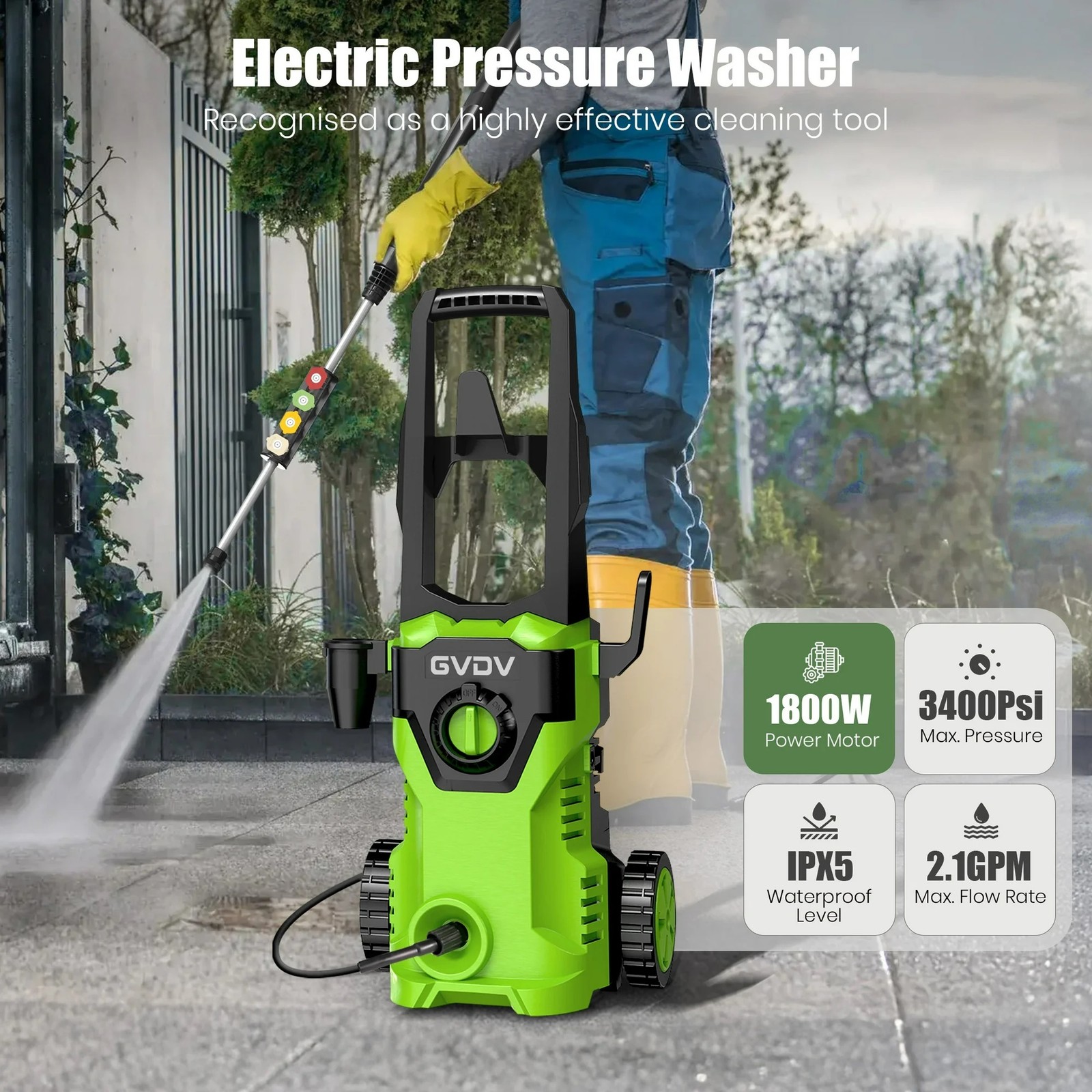 GVDV Electric Pressure Washer, 3400 PSI 2.1 GPM with Foam Cannon & 5 Nozzles,
