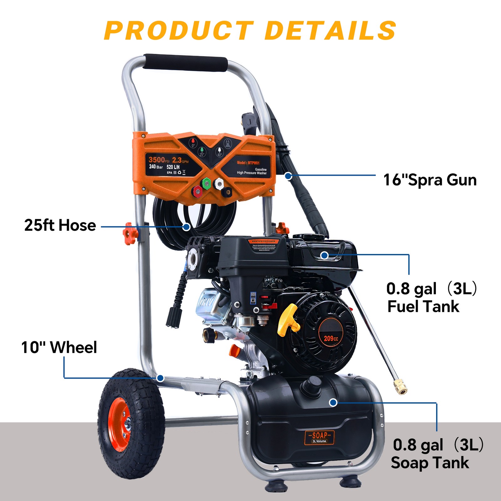 Gas High Pressure Washer Gas Powered Washer 3500 PSI 2.3 GPM 209cc 4 Nozzles