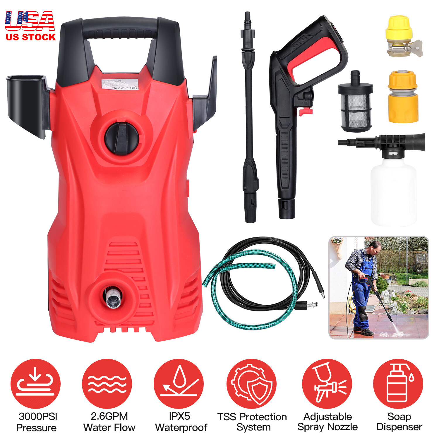 Electric Pressure Washer 3000 PSI 3.2 GPM, Power Washer Foam Cannon Waterproof