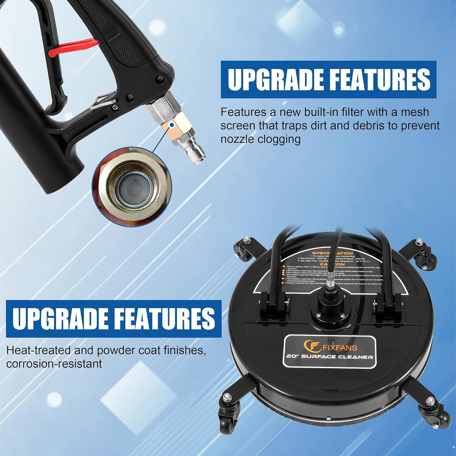 20 Inch Pressure Washer Surface Cleaner with Wheels Dual Handle 4500 PSI for