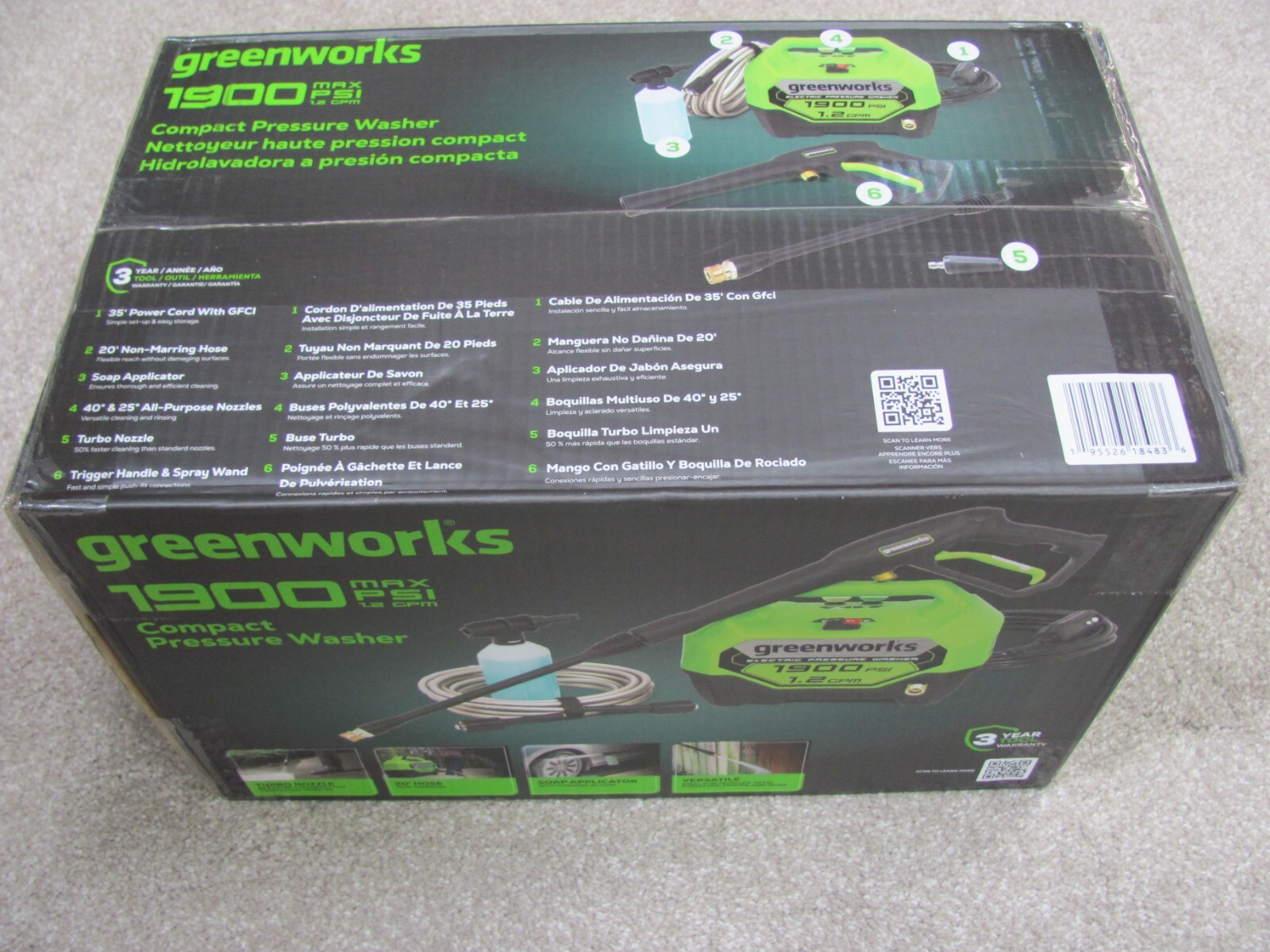 New Greenworks 1900 MAX PSI 1.2 GPM Electric Compact Pressure Washer (GPW1901)