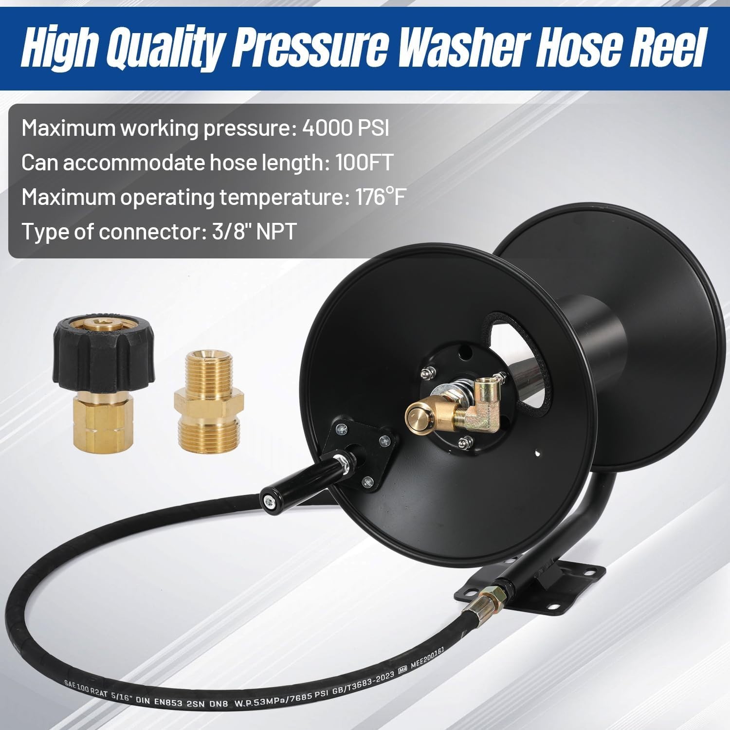 4000 PSI 150FT 3/8″ NPT Pressure Washer Hose Reel Power Washer Hose Reel