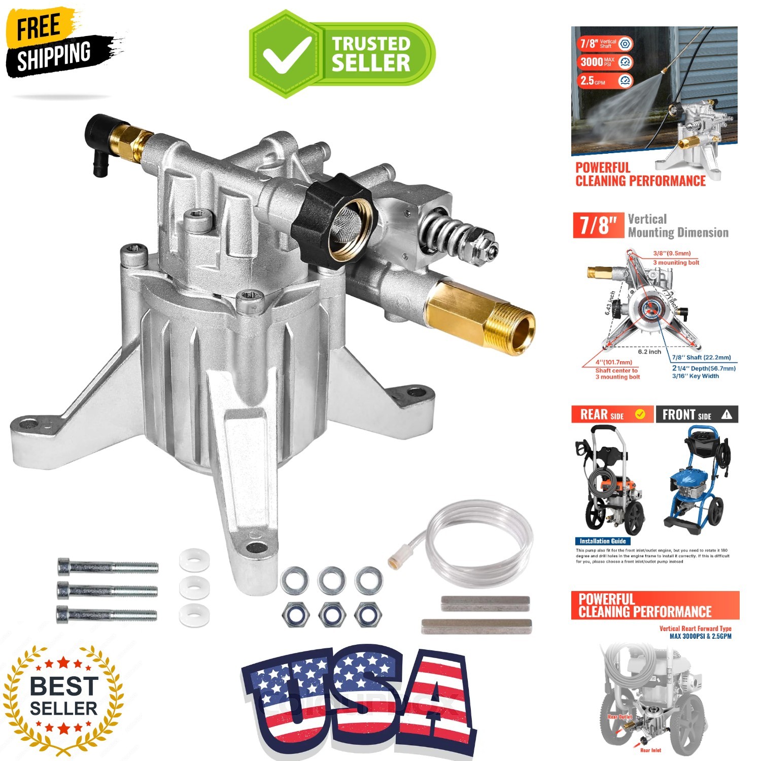 7/8″ Shaft Vertical Pressure Washer Pump Rear Inlet/Outlet 3000 PSI @ 2.5 GPM…