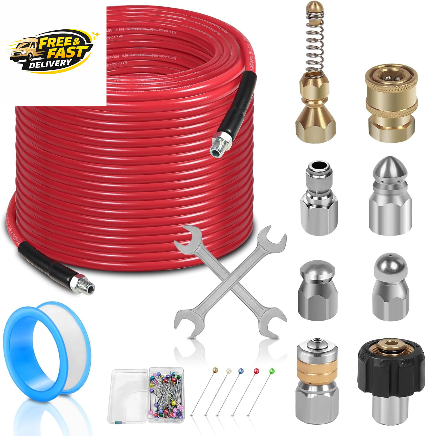 100FT Sewer Jetter Kit for Pressure Washer, 1/4”NPT Drain Cleaner Hose 5800PSI,