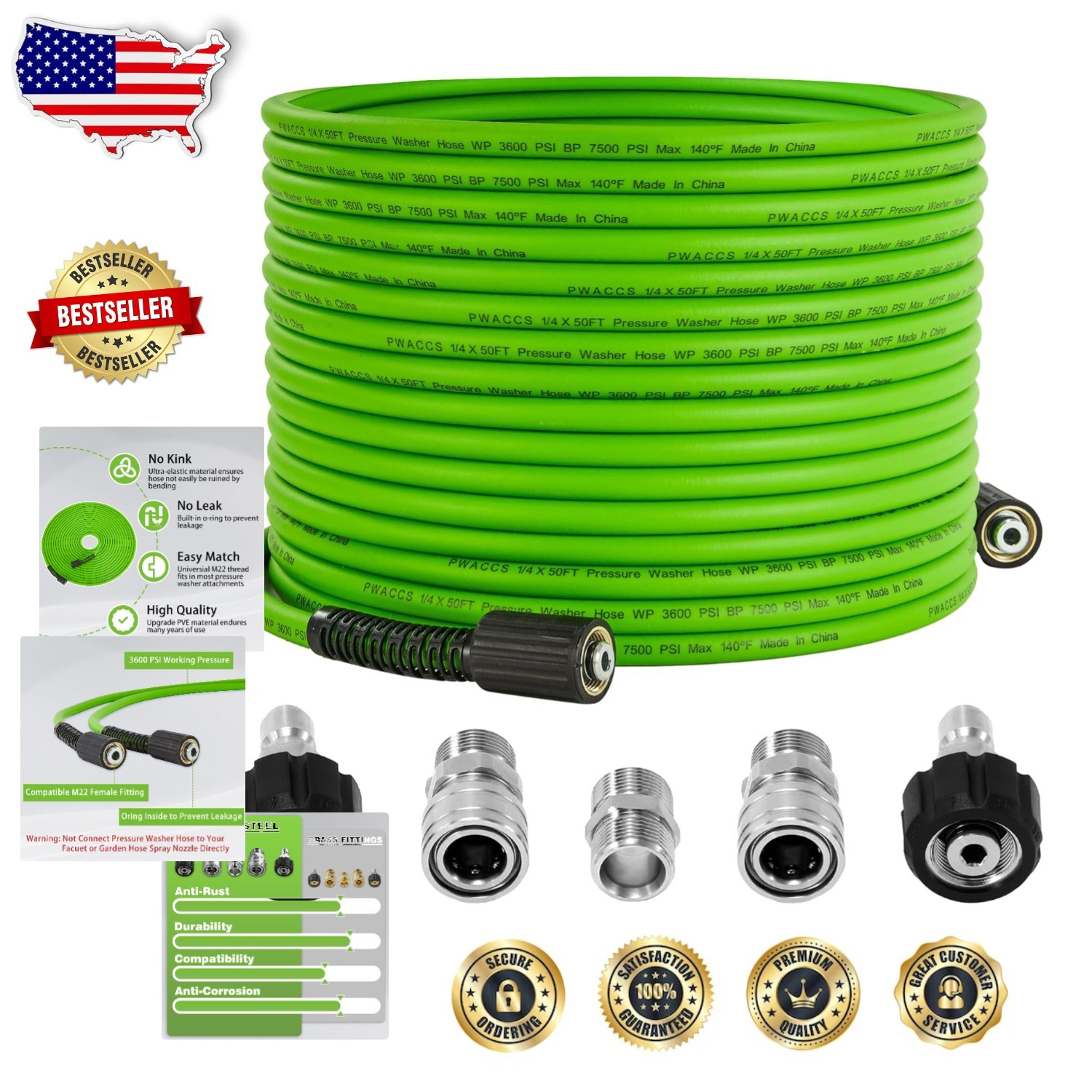 Durable 50ft Power Washer Extension Hose, Kink Resistant, M22 Fittings