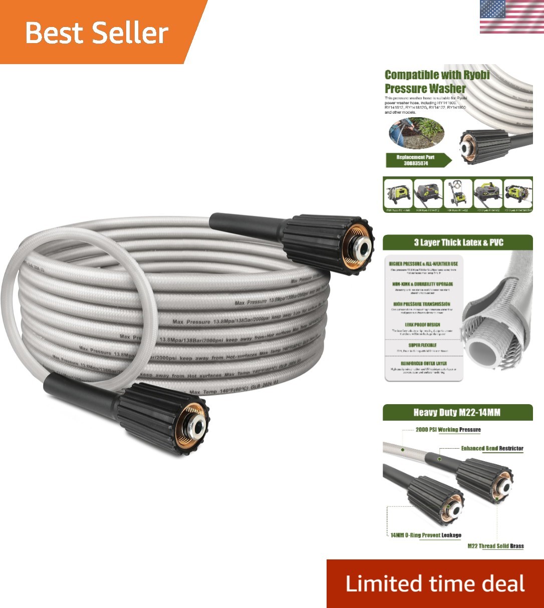 Durable 20ft Leak-Proof Ryobi Pressure Washer Hose for Effective Cleaning