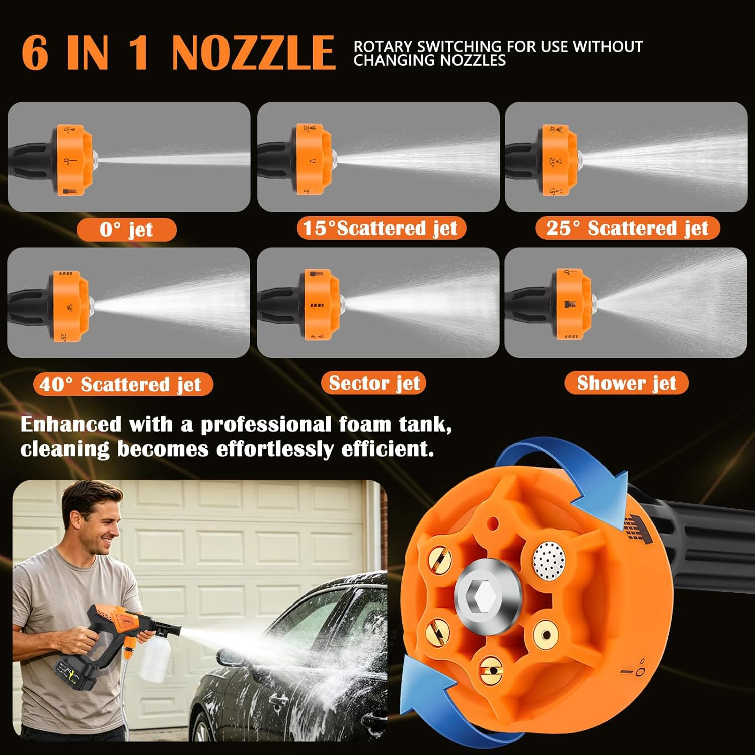 Cordless Portable Washer Battery Powered, 6 in 1 Nozzle Handheld Washer with Tap