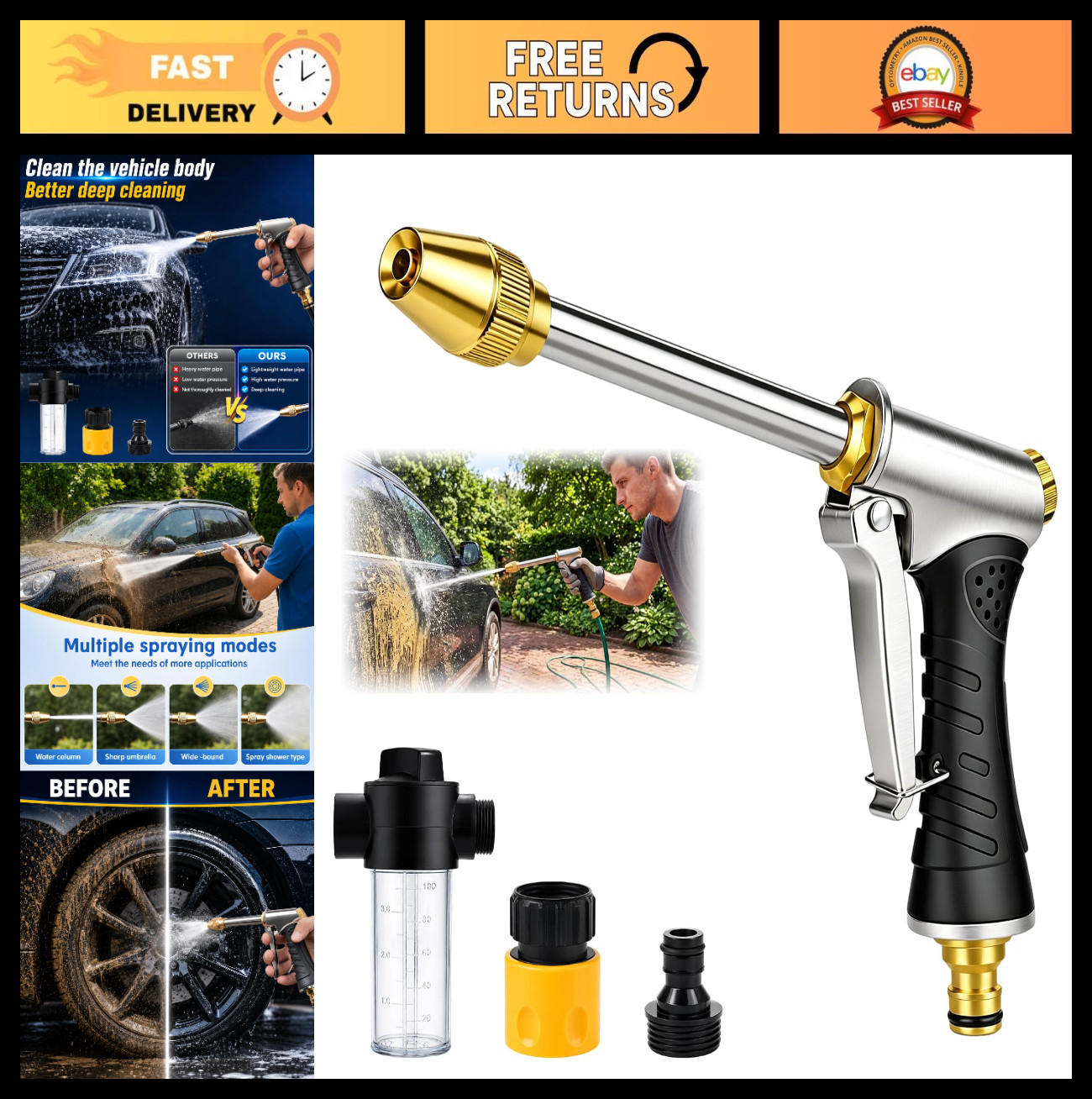 High-Pressure Hose Nozzle Gun – 3 Adjustable Spray Modes for Car & Garden Cleani