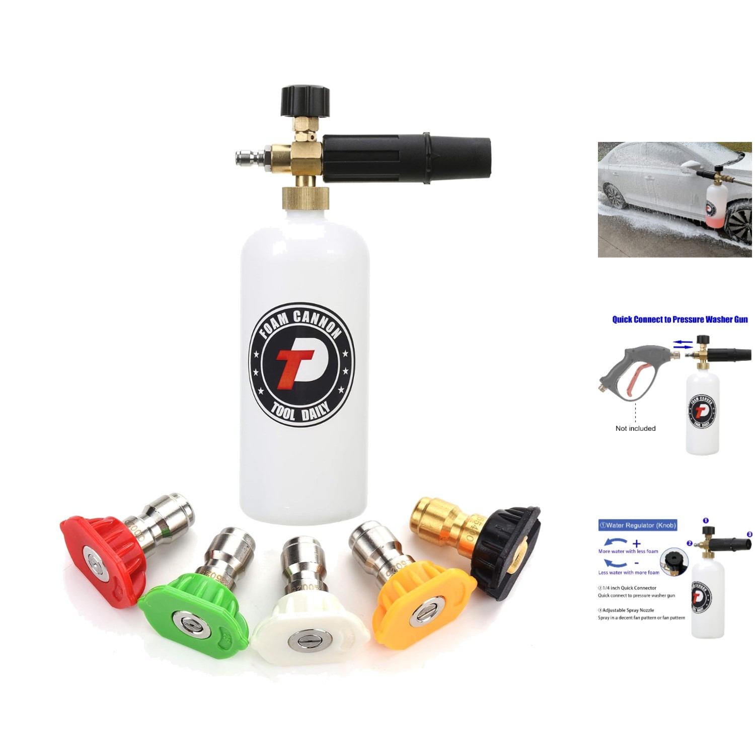 Adjustable Foam Cannon with 1/4 Inch Quick Connector & 5 Nozzle Tips – 1 Liter