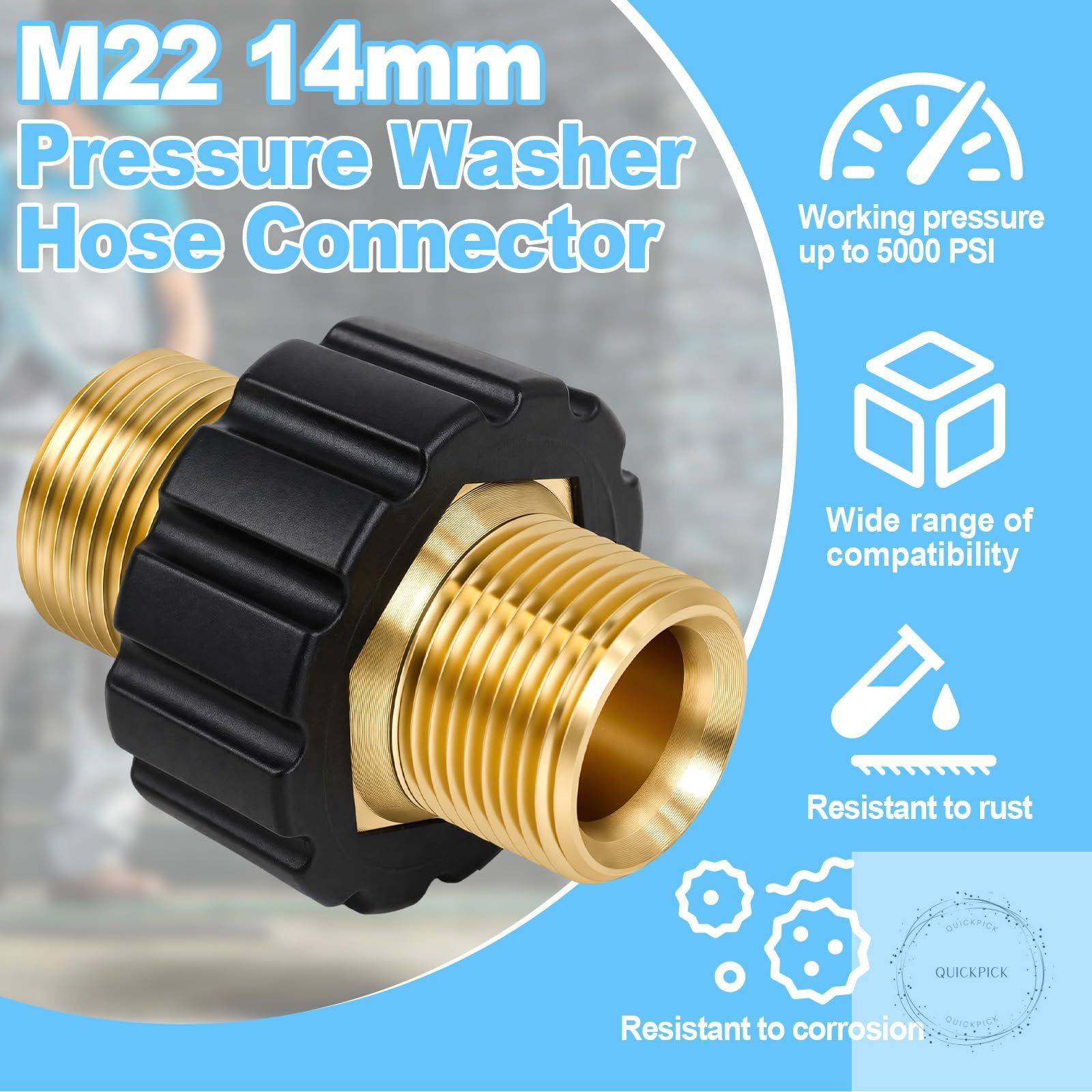M22 14mm Pressure Washer Hose Connector, M22-14mm Male-to-Male Adapter, 5000 PSI
