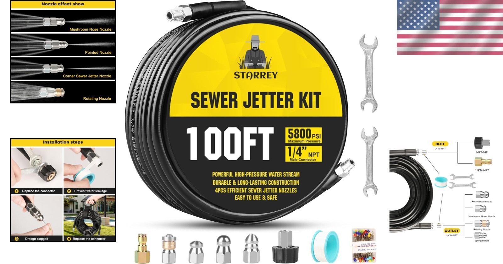 High Pressure Drain Jetter 100ft Hose Compatible with Most Pressure Washers