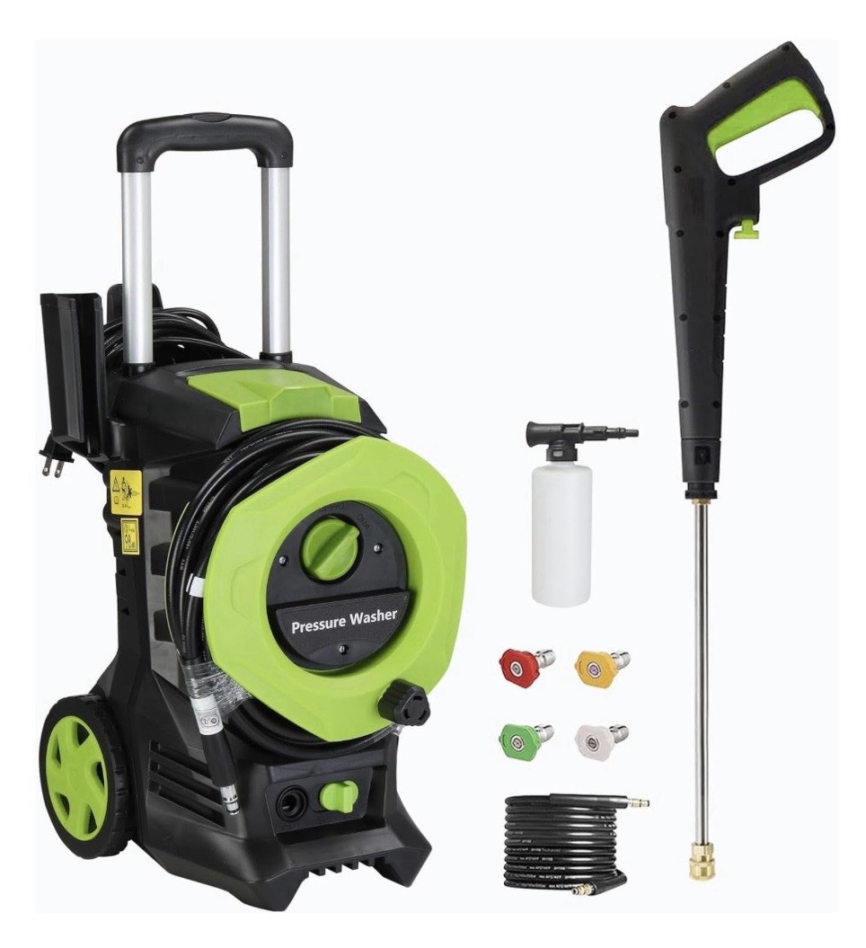 Green 2000 Watt Pressure Washer w/ 4 Interchangeable Nozzles & Soap Bottle New