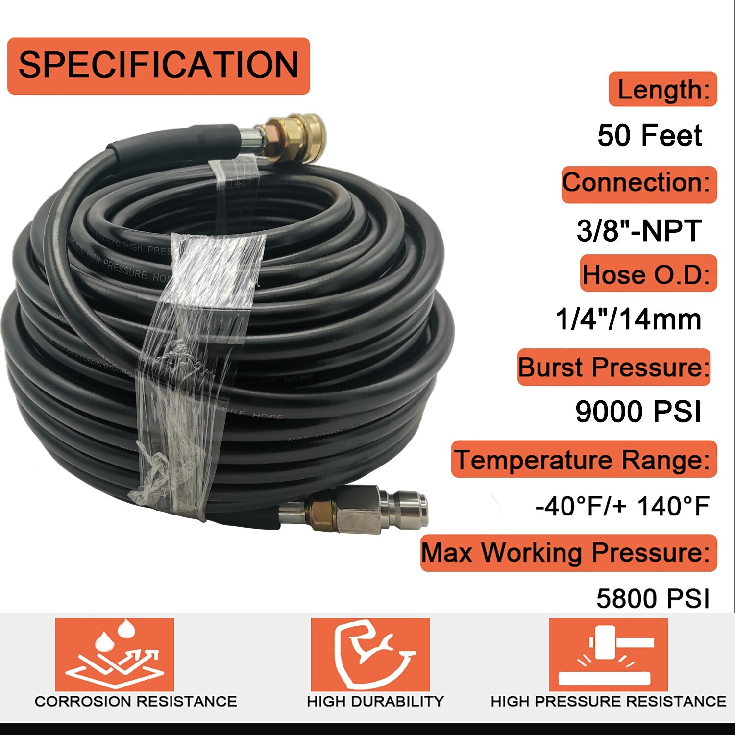 50FT 5800PSI Replacement High Pressure Power Washer Hose -3/8″ Quick Connect