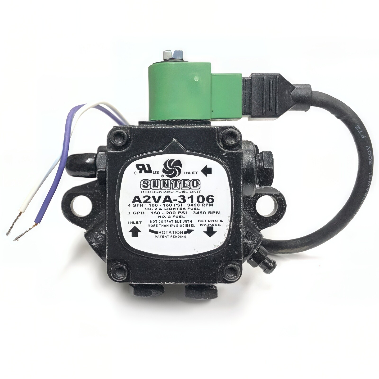 Suntec Fuel Pump A2VA-3006, 12/24 V Solenoid, 3450 RPM, 100-200 PSI