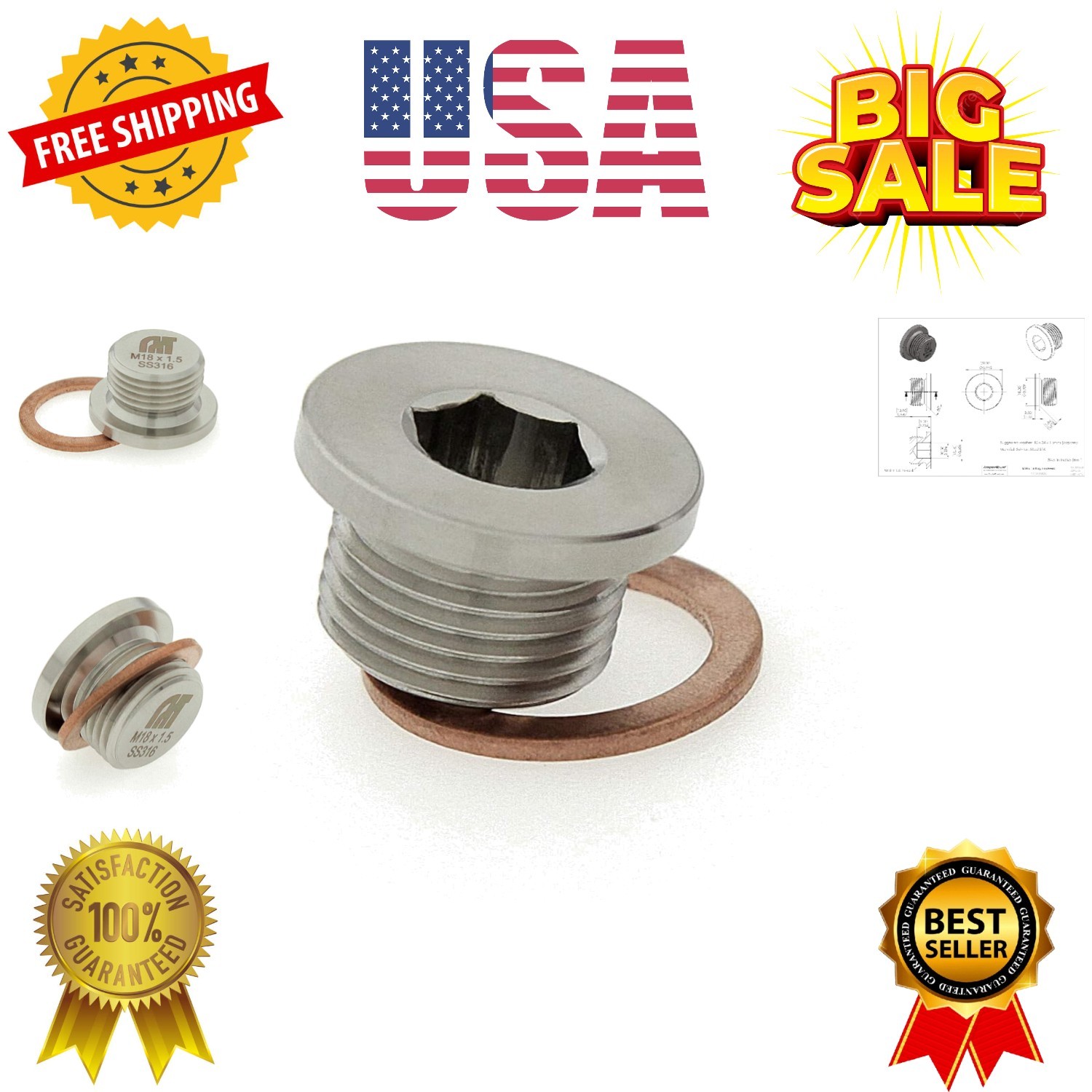 M18 x 1.5 Stainless Steel 316 Threaded Plug Fitting with Copper Washer – Slim…
