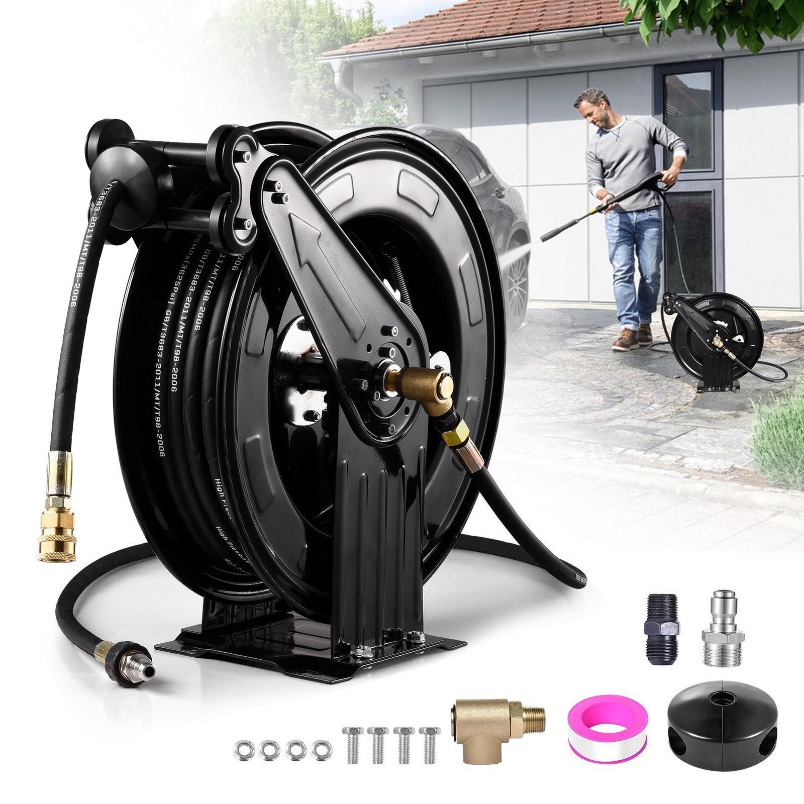 Retractable High Pressure Washer Hose Reel 3/8″ x 50 ft, 4000PSI