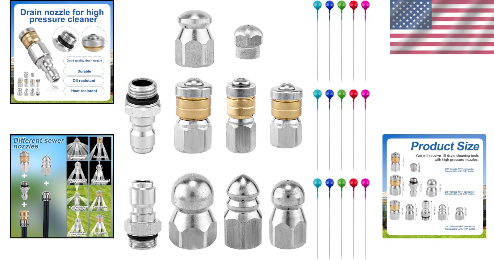 High-Pressure 10-Pc Sewer Cleaning Nozzle Set with Quick Connectors & Needles