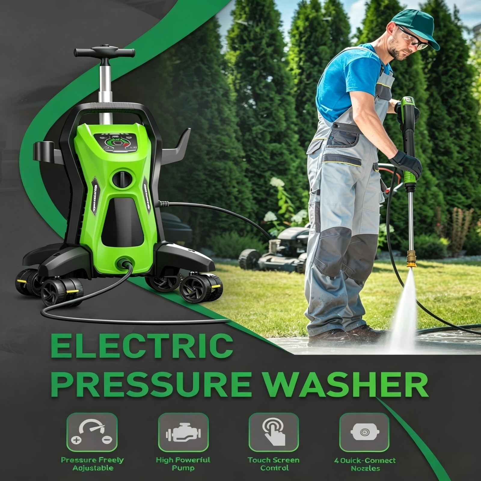 Pressure Washer 4500PSI 3.9GPM, 15-Level Touch, 4 Wheels, 4 Nozzles, for Car