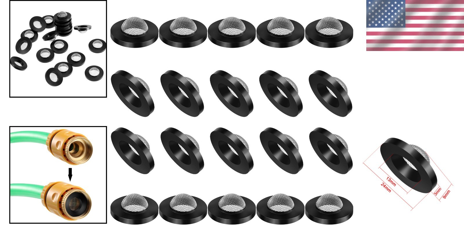 20 Pack Stainless Steel & Rubber Hose Washers with Screen Filter for 1″ Inlet