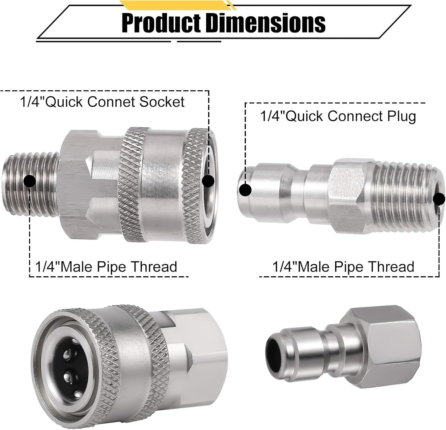 4Pcs Pressure Washer Coupler, NPT 1/4 Inch Stainless Steel Quick Connect Fitting