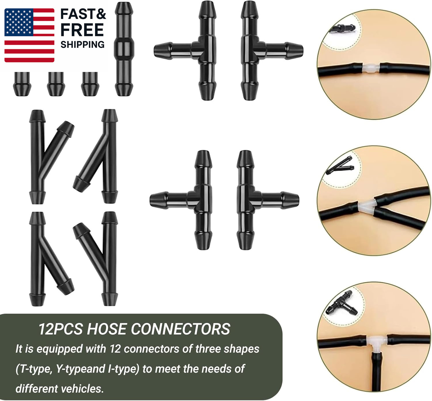 Windshield Washer Hose Kit, 5M Washer Fluid Hose with 12 Pcs Connectors, 2 Fan N