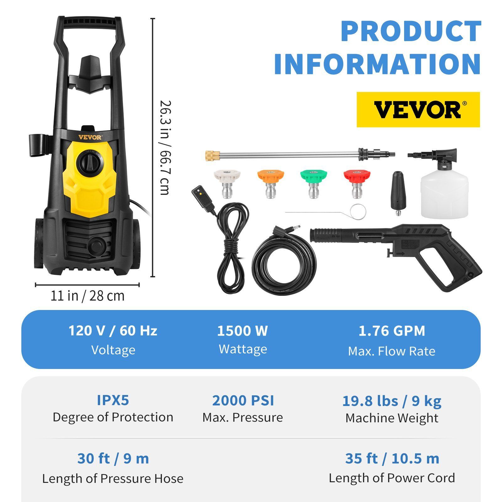Electric Pressure Washer, 2000 PSI, Max. 1.76 GPM Power Washer w/ 30 ft Hose