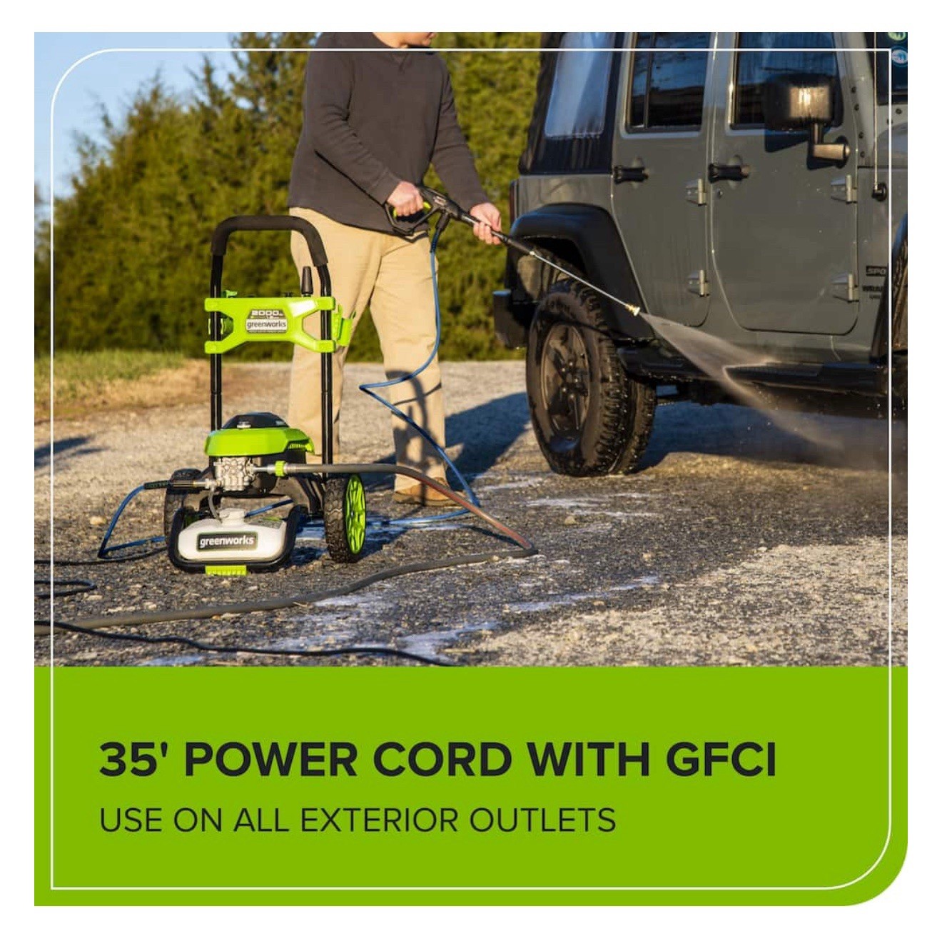 Greenworks – 2000PSI Power Washer with Foam Gun and 12″ Surface Cleaner Green
