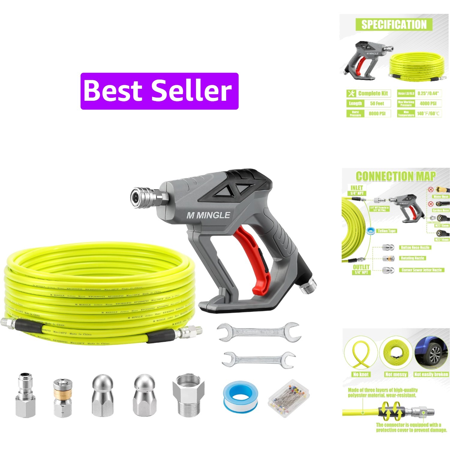 Sewer Jetter Kit for Pressure Washer 50 FT, Drain Cleaner Hose with Power Was…