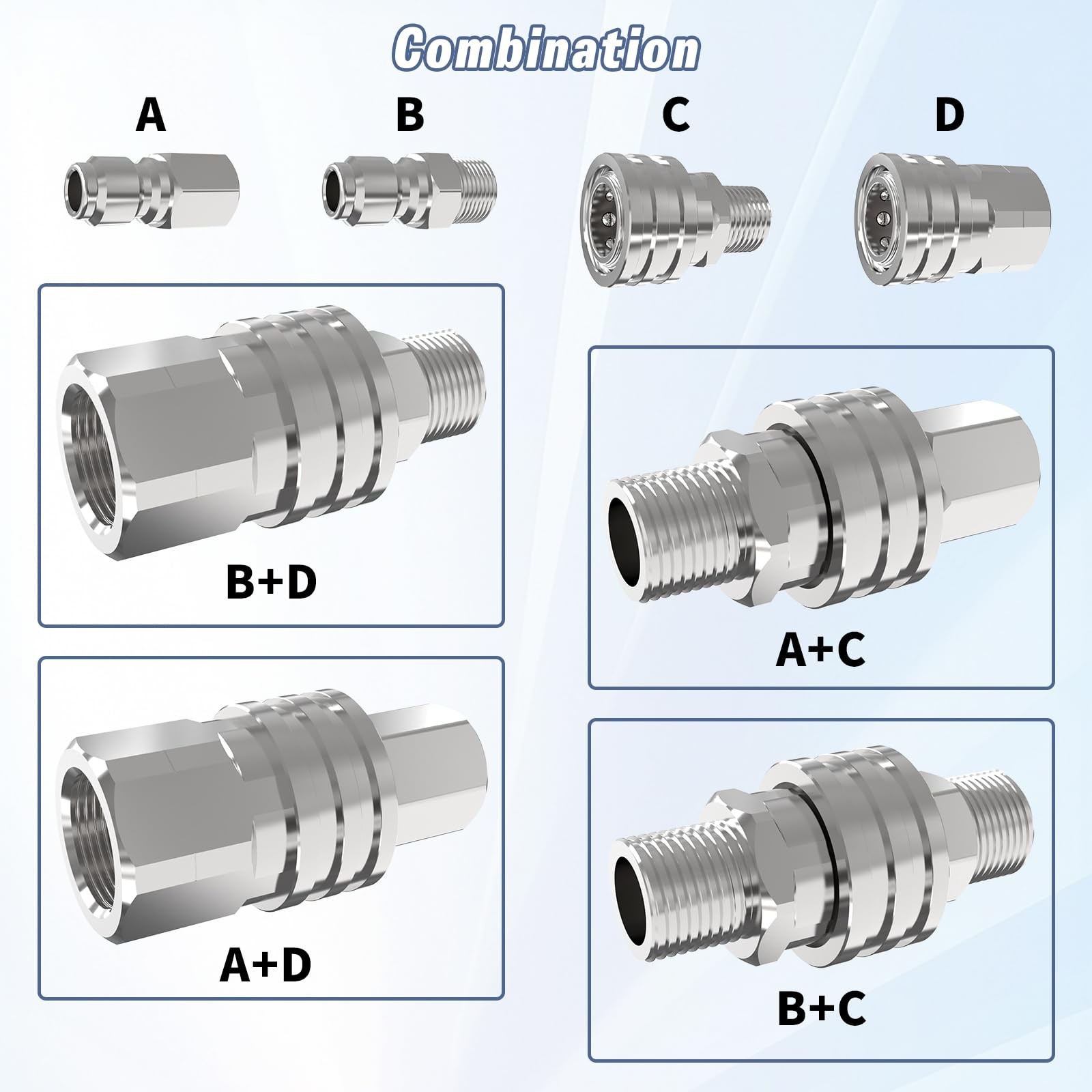8 PCS 3/8 Inch Pressure Washer Quick Connect Kit Power Hose Adapter Stainless