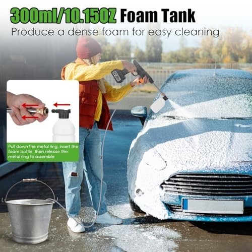 Cordless Pressure Washer 400PSI, 300W Portable Power Washer with 2 Nozzles & Foa
