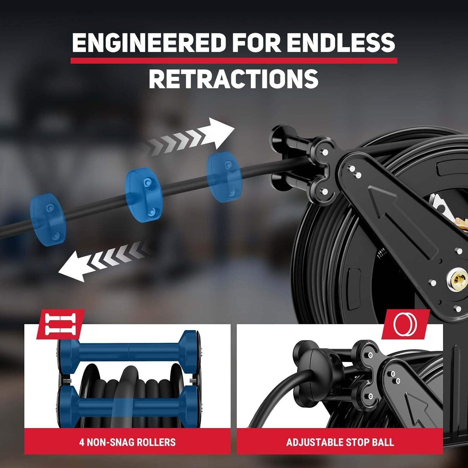 Durable 50ft Pressure Washer Hose Reel, 4000 PSI Auto Rewind Steel Design