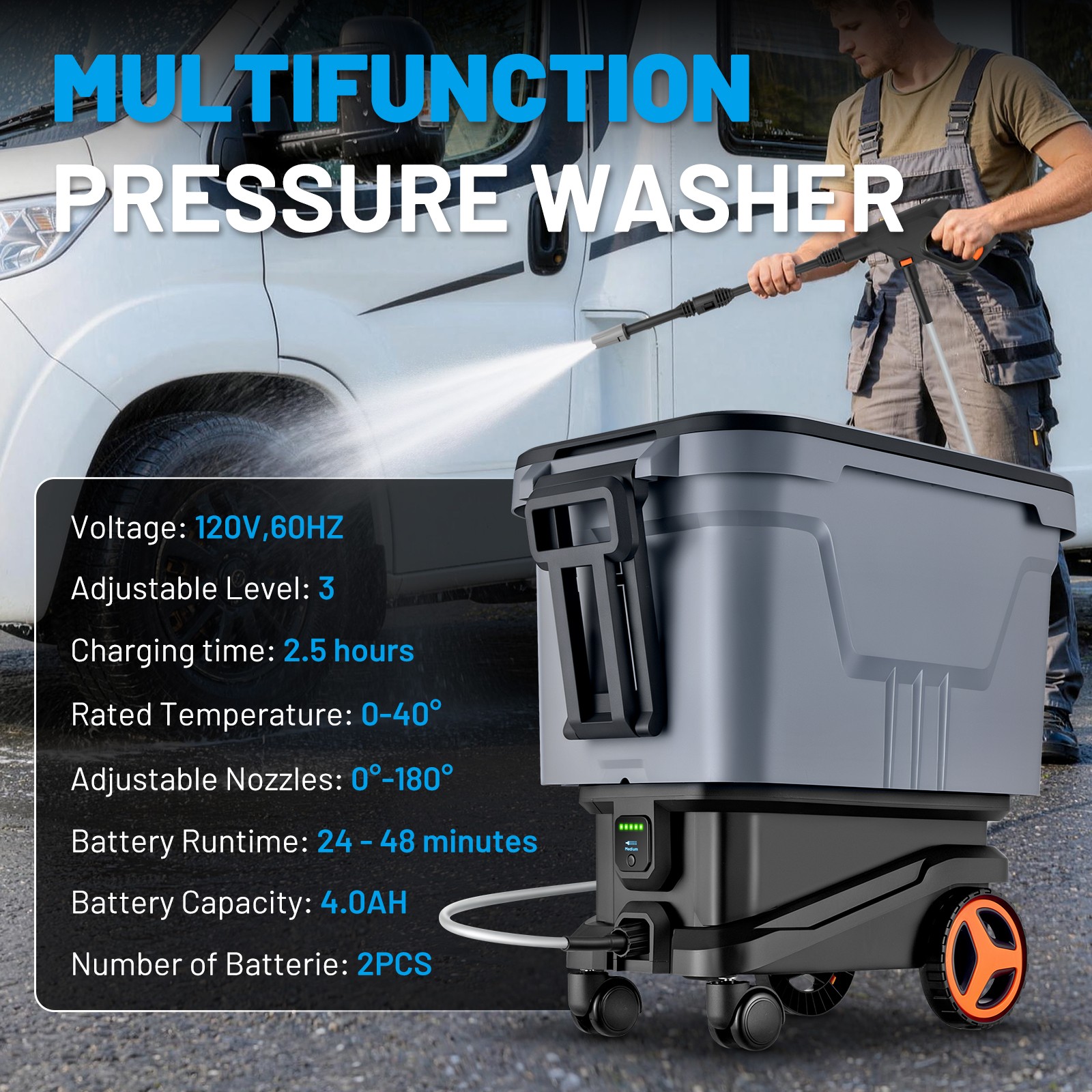 21V Electric Washer 2000 PSI Portable with 4 Wheels & Multi-Use Tank